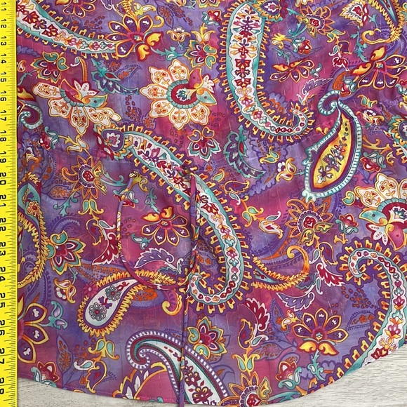 Chaps Purple with Multi-Color Abstract Floral Print Short Sleeve V-Neck Tie Top - Picture 12 of 13